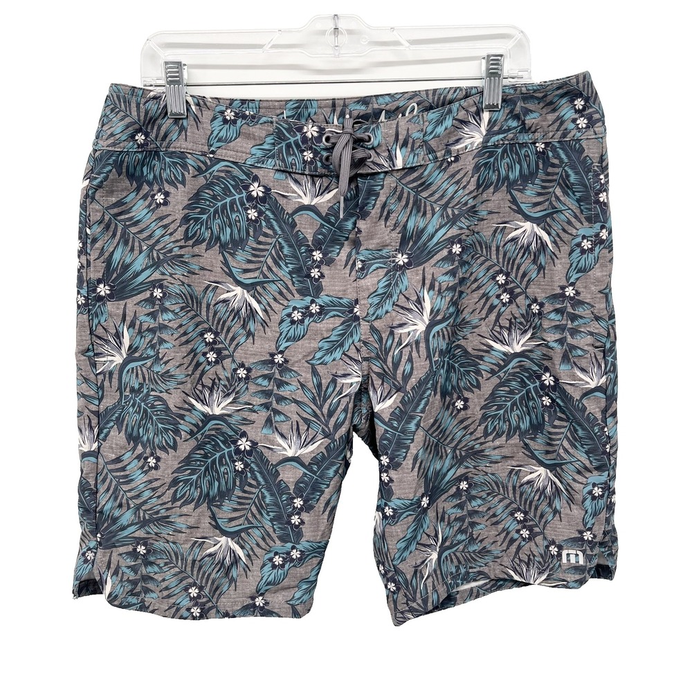 TRAVIS MATHEW Men's Sz 35 Gray with Blue Hawaiian Print 10" Unlined Board Shorts